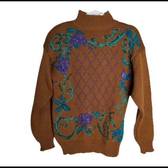 Vintage Sweaters - Vintage Caren Sport Brown Floral Ugly Chunky Knit Sweater